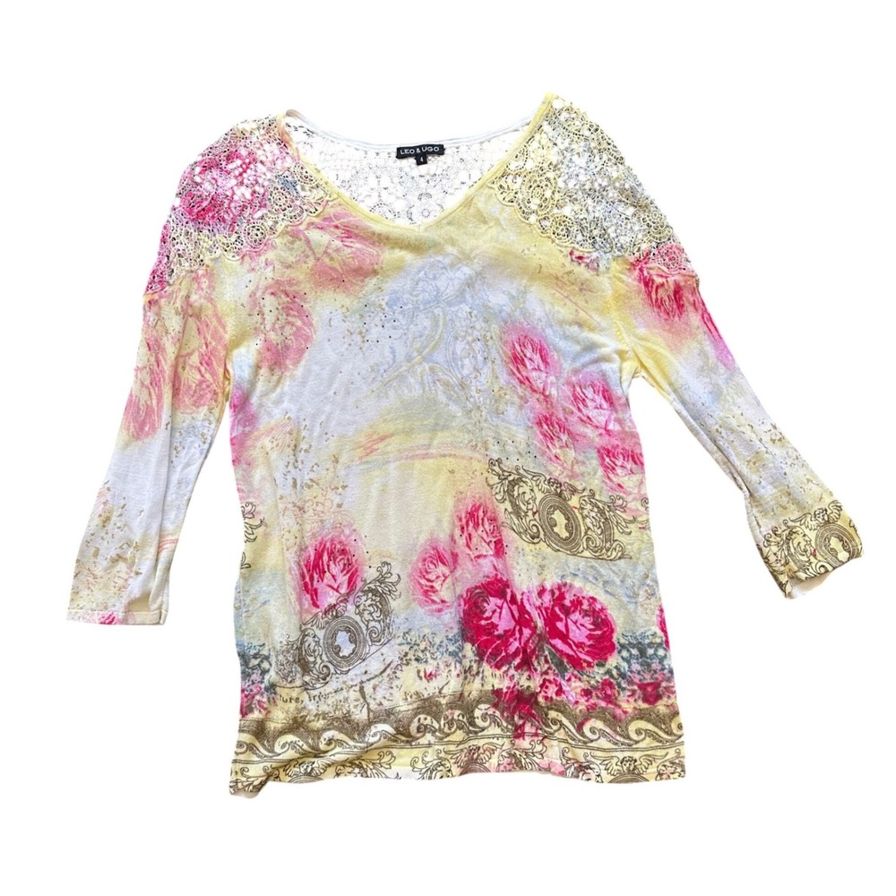 Leo & Ugo Paris Floral Crochet Lace V-Neck Top Pink Yellow Shimmer Size 4 L/XL